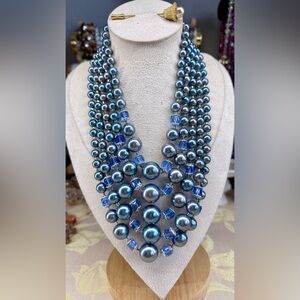Vintage 🎀 Japan 5 Strand Blue Facet Glass Blue Pearl Necklace